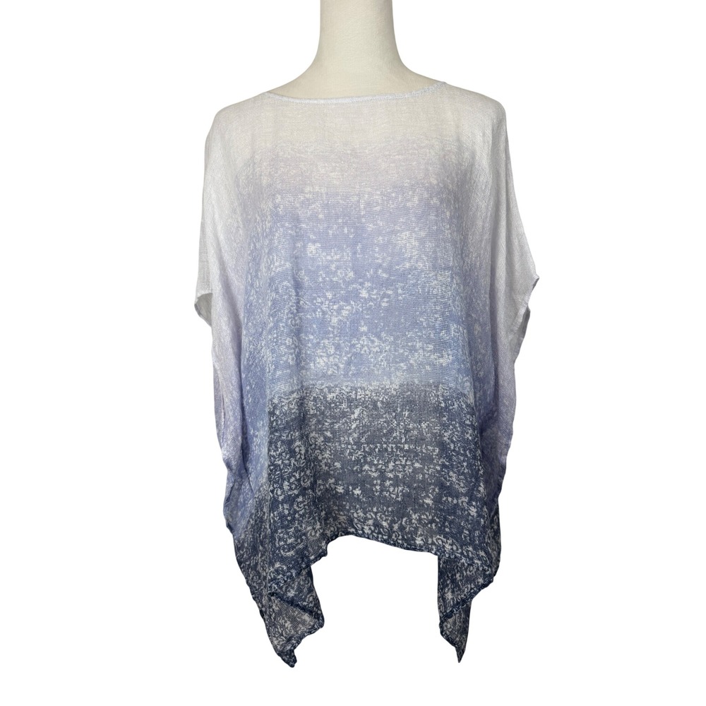 Pure Jill Women 100% Linen Poncho Top M/L Blue White Ombre Boat Neck Knit